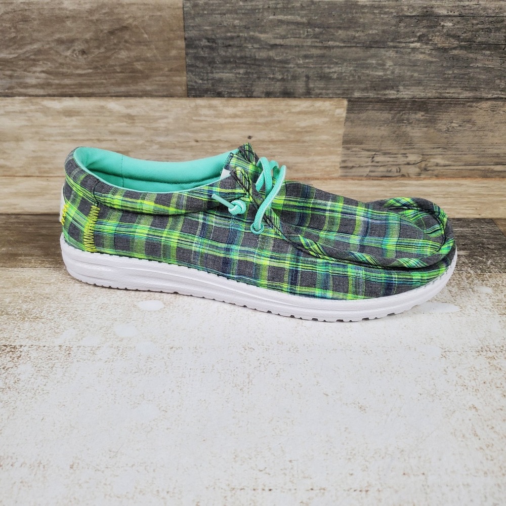 Hey Dude Wally Summer Plaid Mens Loafers Shoe Sz 9 Gull Gray Multi Slip-On